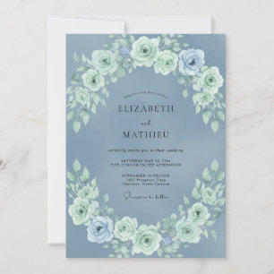 Invitation Mariage Botanique Tranquille Bleu Poussiéreux