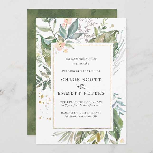 Invitation Mariage botanique tropical d'or vert (Devant / Derrière)
