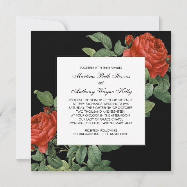 Invitation Mariage botanique vintage Red Rose (Devant)