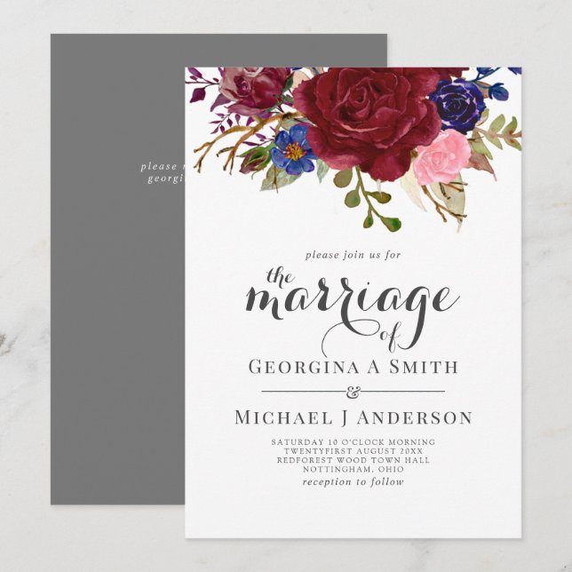 Invitation Mariage Bouquet Bourgogne bleu rose (Devant / Derrière)
