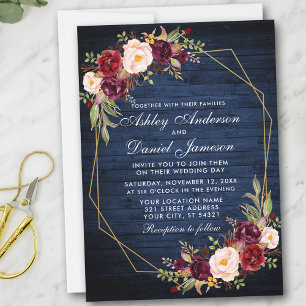 Invitation Mariage Bourgogne Floral Bleu Bois Géométrique Or