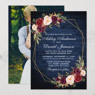 Invitation Mariage Bourgogne Floral Bleu Bois Photo géométriq