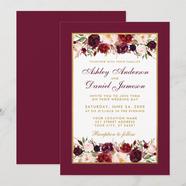 Invitation Mariage Bourgogne Floral Élégant Or Blanc (Devant / Derrière)