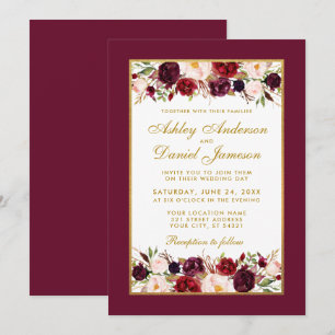 Invitation Mariage Bourgogne Floral Or Blanc Élégant