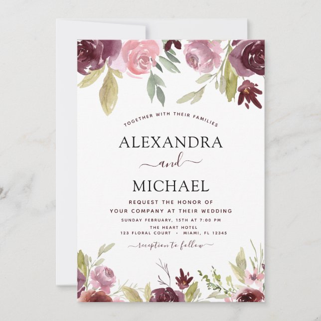 Invitation Mariage Bourgogne rose moderne élégant floral (Devant)