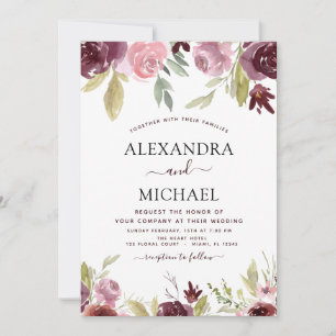 Invitation Mariage Bourgogne rose moderne élégant floral
