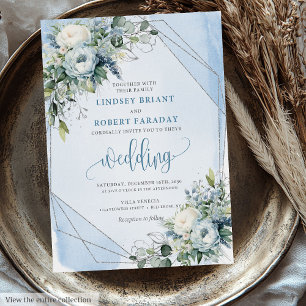 Invitation Mariage brillant Dusty Blue White Silver Peonies