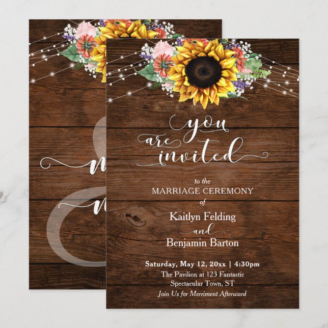 Invitation Mariage Brown bois, typographie, tournesol & lumiè (Devant / Derrière)
