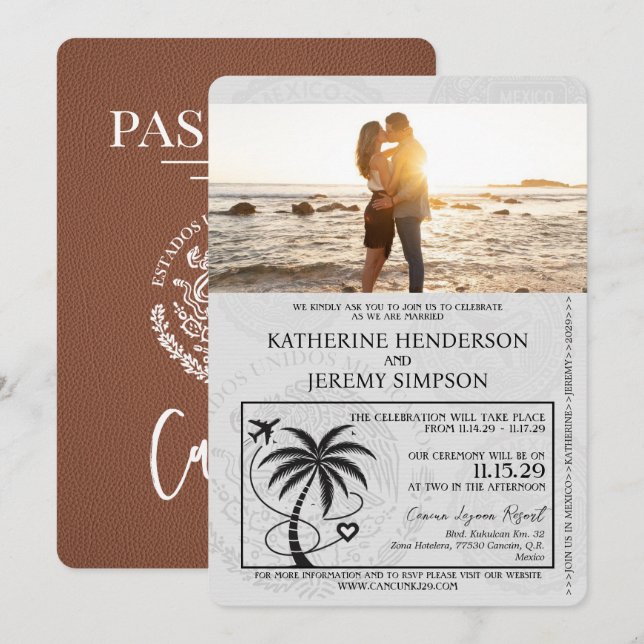 Invitation Mariage Brown de passeport de Cancun (Devant / Derrière)