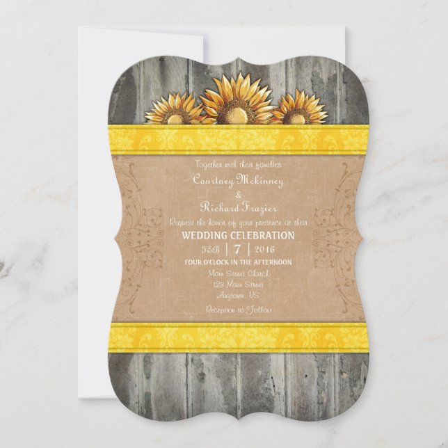Invitation Mariage Brown de tournesol rustique Jaune Invitati (Devant)