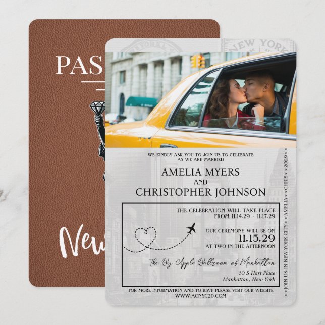 Invitation Mariage Brown New York City Passport (Devant / Derrière)