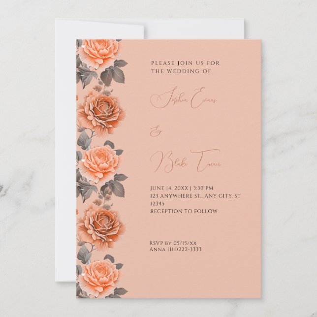 Invitation Mariage Brown Rose moderne orange (Devant)