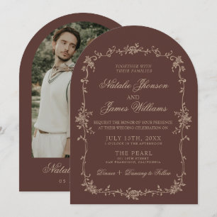 Invitation Mariage Brun Chocolat Floral Ancien Argent Arqué