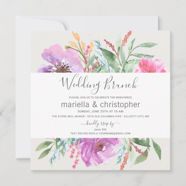 Invitation Mariage Brunch Watercolor Blooming Garden - Carré (Devant)