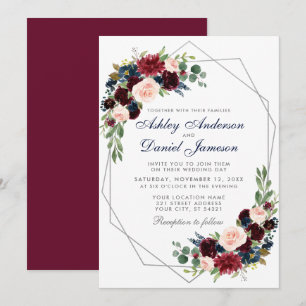 Invitation Mariage Burgundy Bleu Floral Géométrique Argent