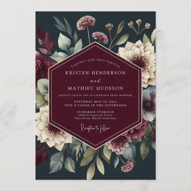 Invitation Mariage Burgundy Dramatic Bloom (Devant)