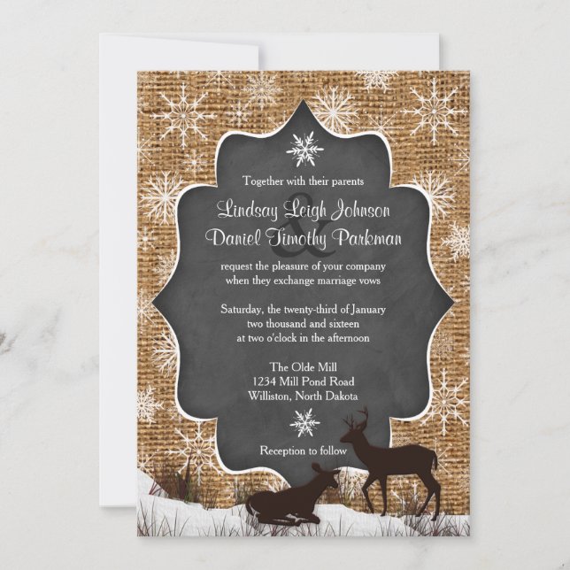 Invitation Mariage | Burlap | Cerf | Les flocons de neige | T (Devant)