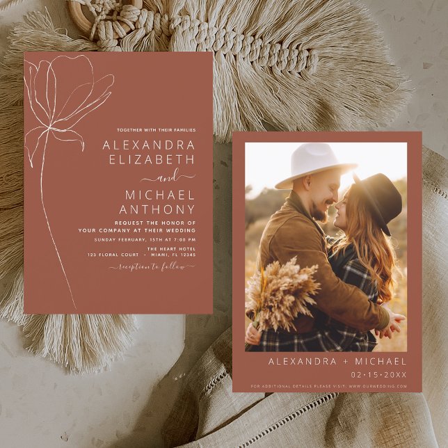 Invitation Mariage Burnt Orange Terracotta Photo Floral (Créateur téléchargé)