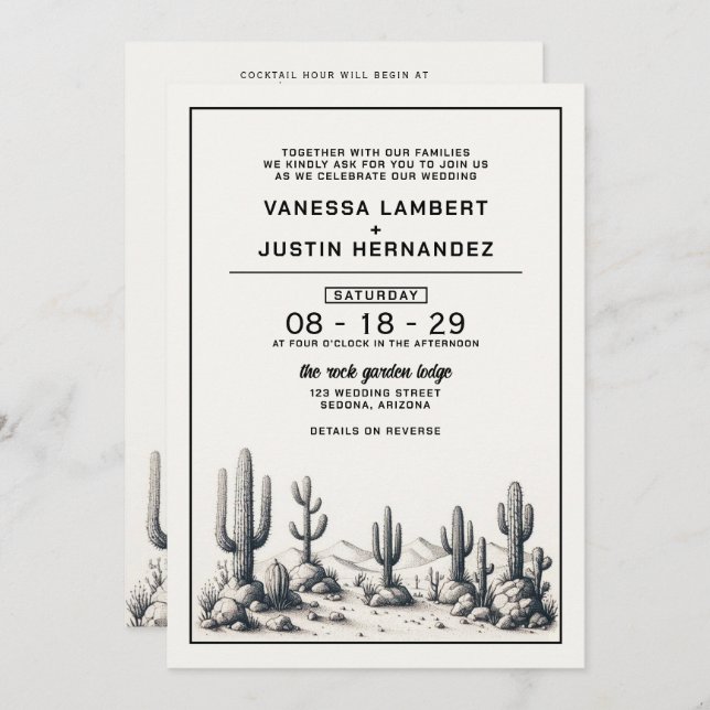 Invitation Mariage Cactus décontracté avec code QR et détails (Devant / Derrière)
