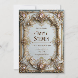 Invitation Mariage Cadre Baroque Doré Perle Rosée
