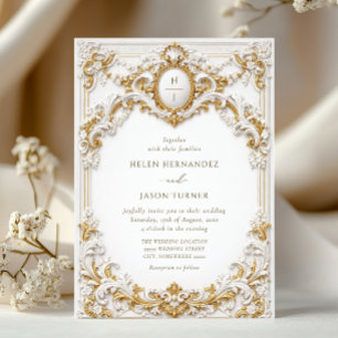 Invitation Mariage cadre baroque or et blanc victorien