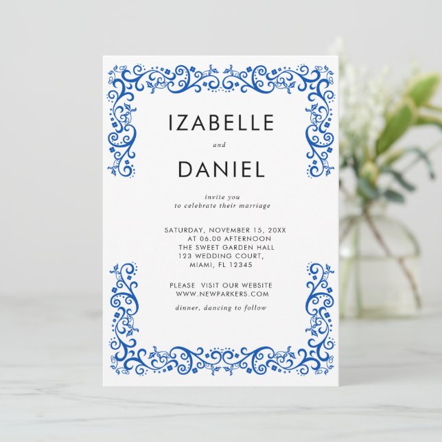Invitation Mariage Cadre Bleu Vintage Élégant  (Debout devant)