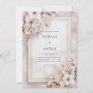Invitation Mariage Cadre Doré Fleur de Cerisier Rose Éthérée