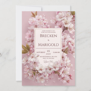Invitation Mariage Cadre Doré Fleur de Cerisier Rose Luxurian