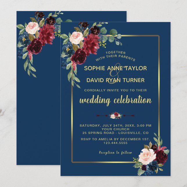 Invitation Mariage cadre doré floral bleu marine Bourgogne (Devant / Derrière)