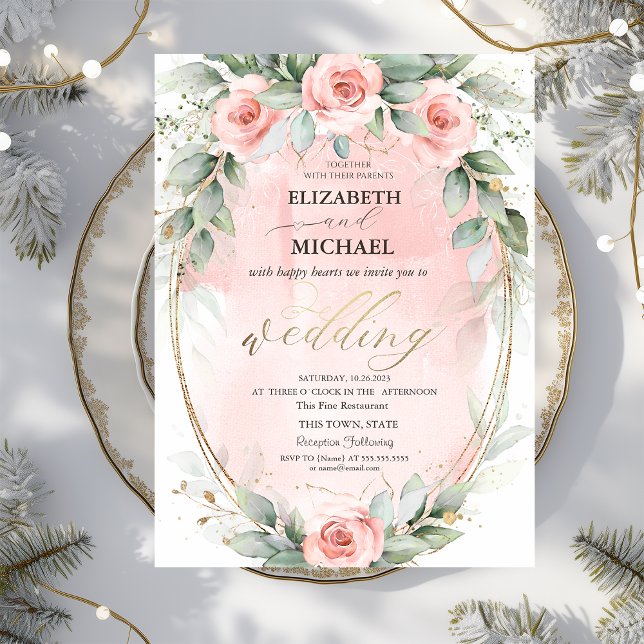 Invitation Mariage Cadre Doré Roses Roses Roses Fushia Élégan (Créateur téléchargé)