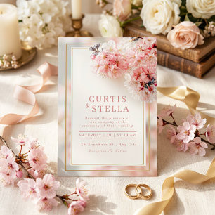 Invitation Mariage Cadre Doré Sakura Romantique Rose Pâle