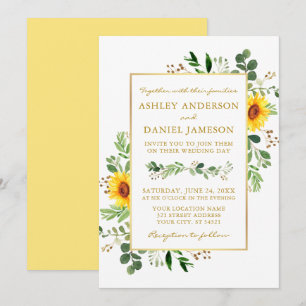 Invitation Mariage Cadre Doré Tournesols Végétal Aquarelle