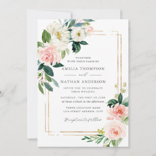 Invitation Mariage Cadre Floral Rose Doré