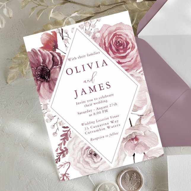 Invitation Mariage Cadre Floral Rose Poussiéreux Boho & Mauve (Créateur téléchargé)