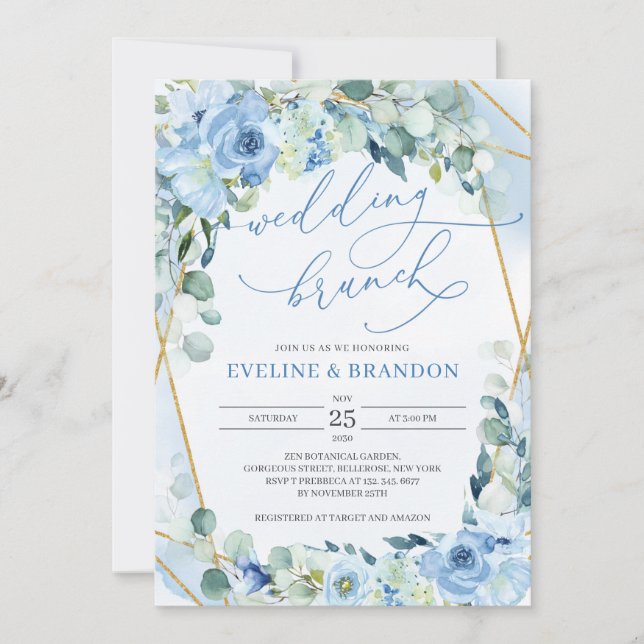 Invitation Mariage Cadre Géométrique Bleu et Or Élégant (Devant)