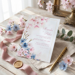 Invitation Mariage Cadre Or Sakura Romantique Rose Bleu Profo