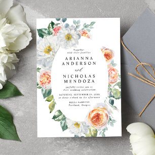 Invitation Mariage cadre ovale floral aquarelle pêche et blan