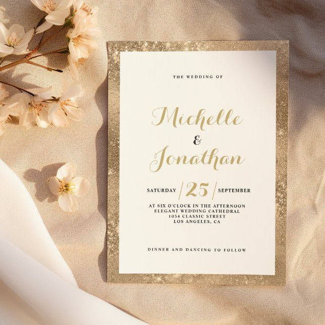 Invitation Mariage calligraphié cadre scintillant or glamour (Glam gold glitter frame script calligraphy Wedding)