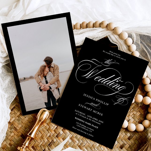 Invitation Mariage calligraphié chic blanc noir (Chic white black photo calligraphy wedding invitation)