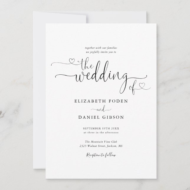 Invitation Mariage Calligraphié Cœurs Noir Et Blanc (Devant)