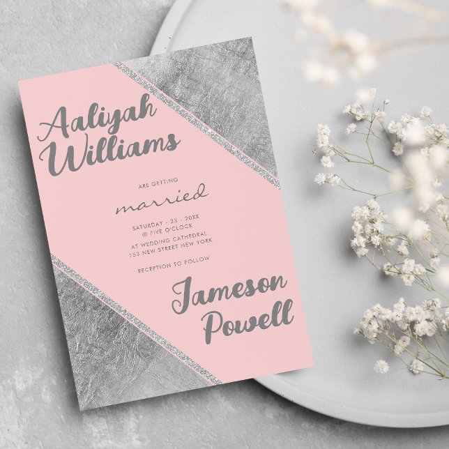 Invitation Mariage calligraphié en écriture script pailletée  (Pink silver glitter script calligraphy wedding )