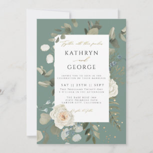 Invitation Mariage calligraphié floral botanique vert doré