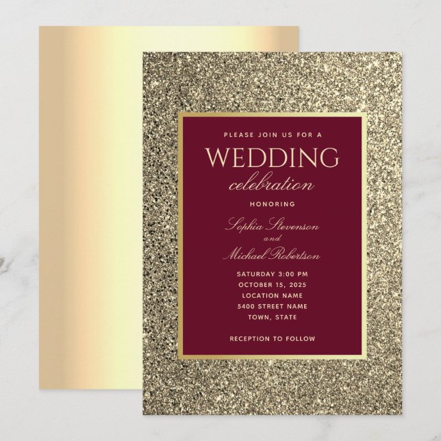 Invitation Mariage Calligraphie Paillettes Or Bourgogne (Devant / Derrière)
