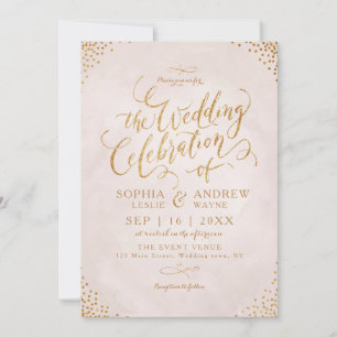 Invitation Mariage calligraphié rose gold pailleté blush glam