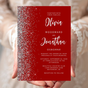 Invitation Mariage Calligraphie Rouge Grenat Paillettes Argen