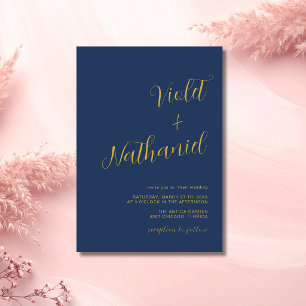 Invitation Mariage calligraphique moderne minimal or bleu mar