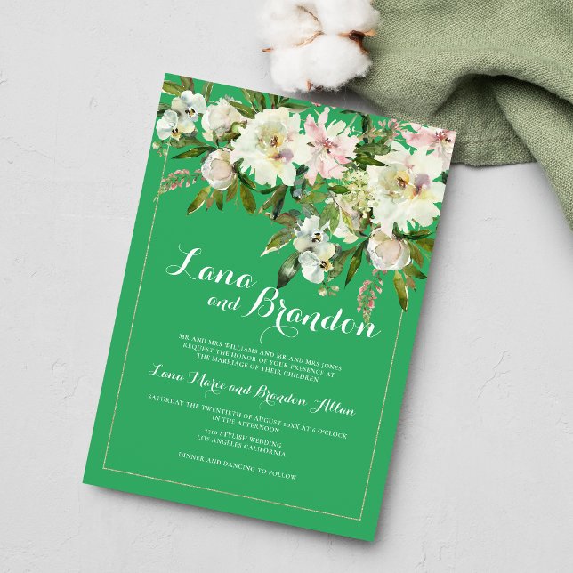 Invitation Mariage campagnard à fleurs vert rose blanc orange (Green pink white orange floral country Wedding )
