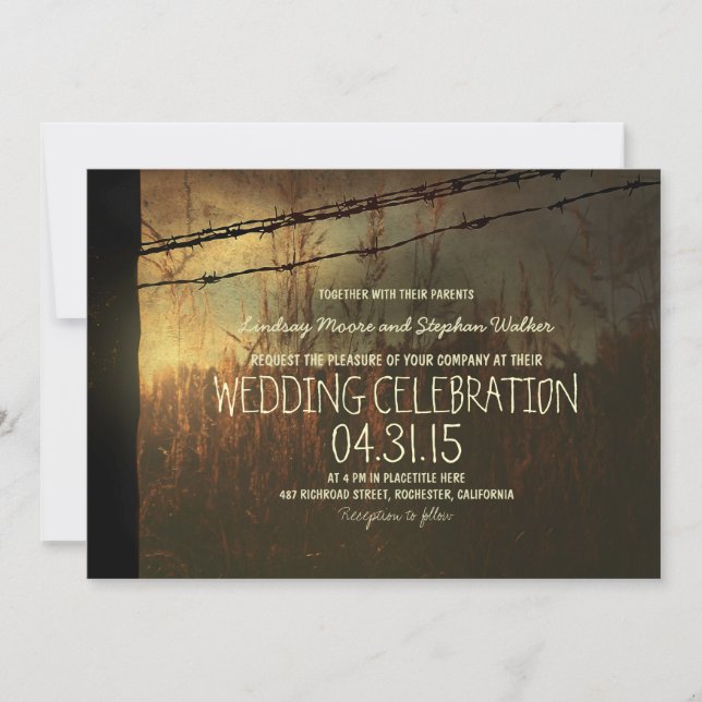 Invitation mariage campagnard avec clôture rurale (Devant)