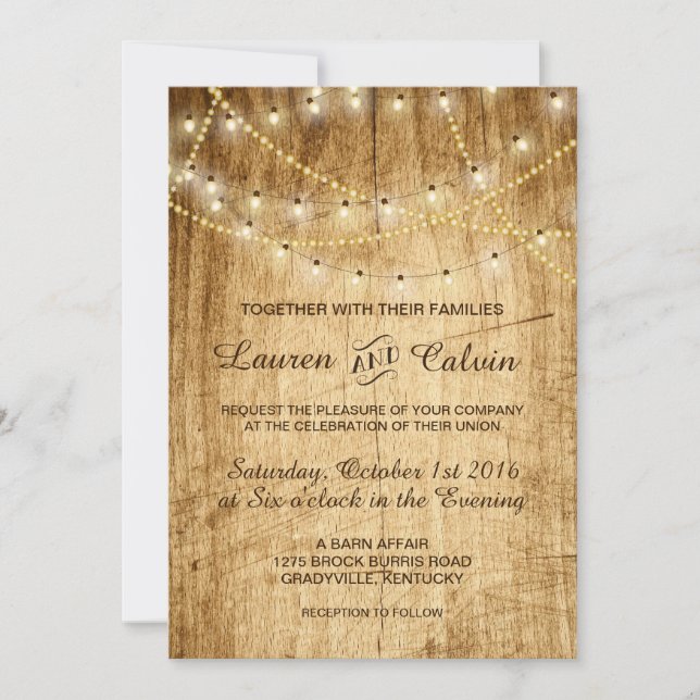 Invitation mariage campagnard avec lumières à cord (Devant)