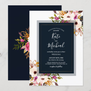 Invitation Mariage campagnard bleu bleu Bourgogne Gold Blush